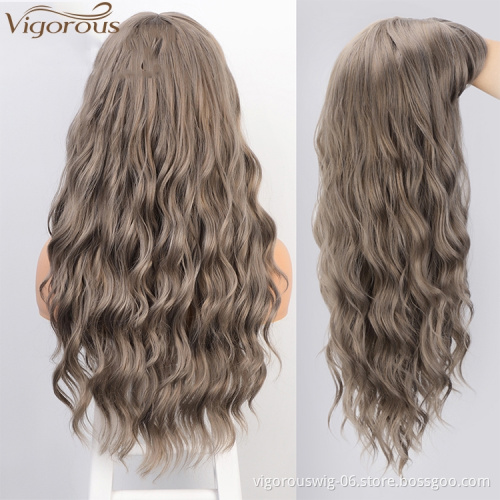 Vigorous Synthetic Long Gray Wigs with Bangs Water Wave Heat Resistant Black Brown Pink Purple Cosplay Wigs for Women